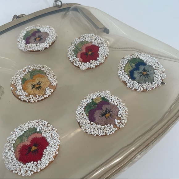Vintage Lucite Handle Clear Plastic 40s/50s Handbag With Flowers & Beads - Picture 5 of 12
